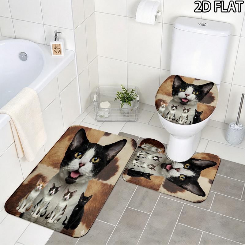 Cute Cat 3D Pattern 3Pcs Bathroom Rug Set, Non Slip Absorbent Bath Mat, Contour Mat & Toilet Lid Cover, Bathroom Decor