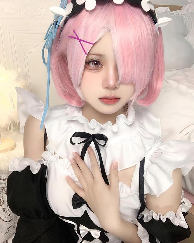 Ram Cosplay Wig with Pink Short Cosplay Costume for Perfect for School and Stage Performances Cosplay with Size [Excellent Product] Hair, Re0 Adults,