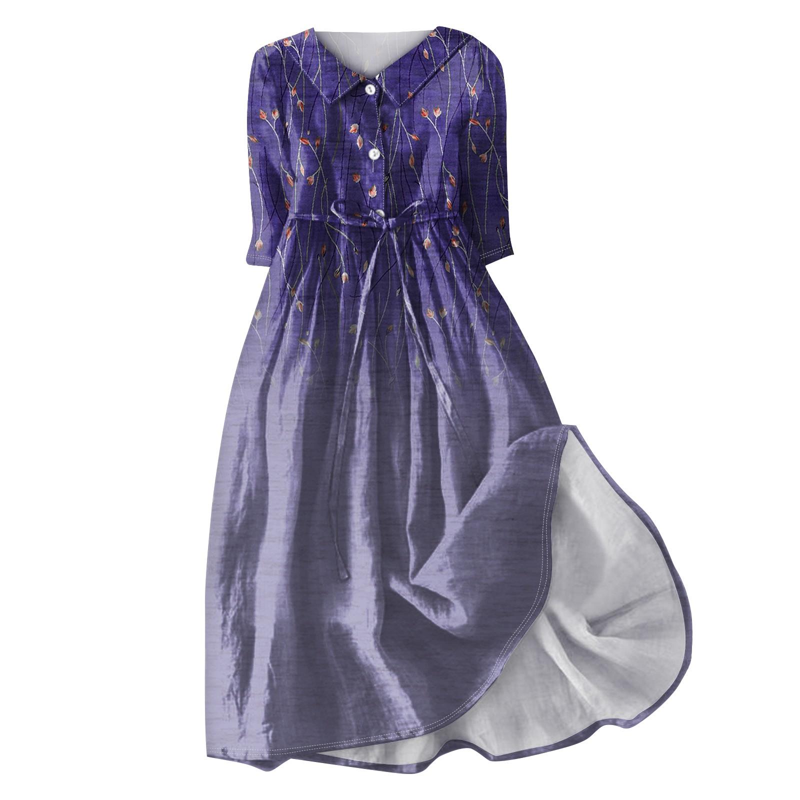 

Женское летнее повседневное модное платье с отворотом и пуговицами с рукавами три четверти и ремнем XL фиолетовый