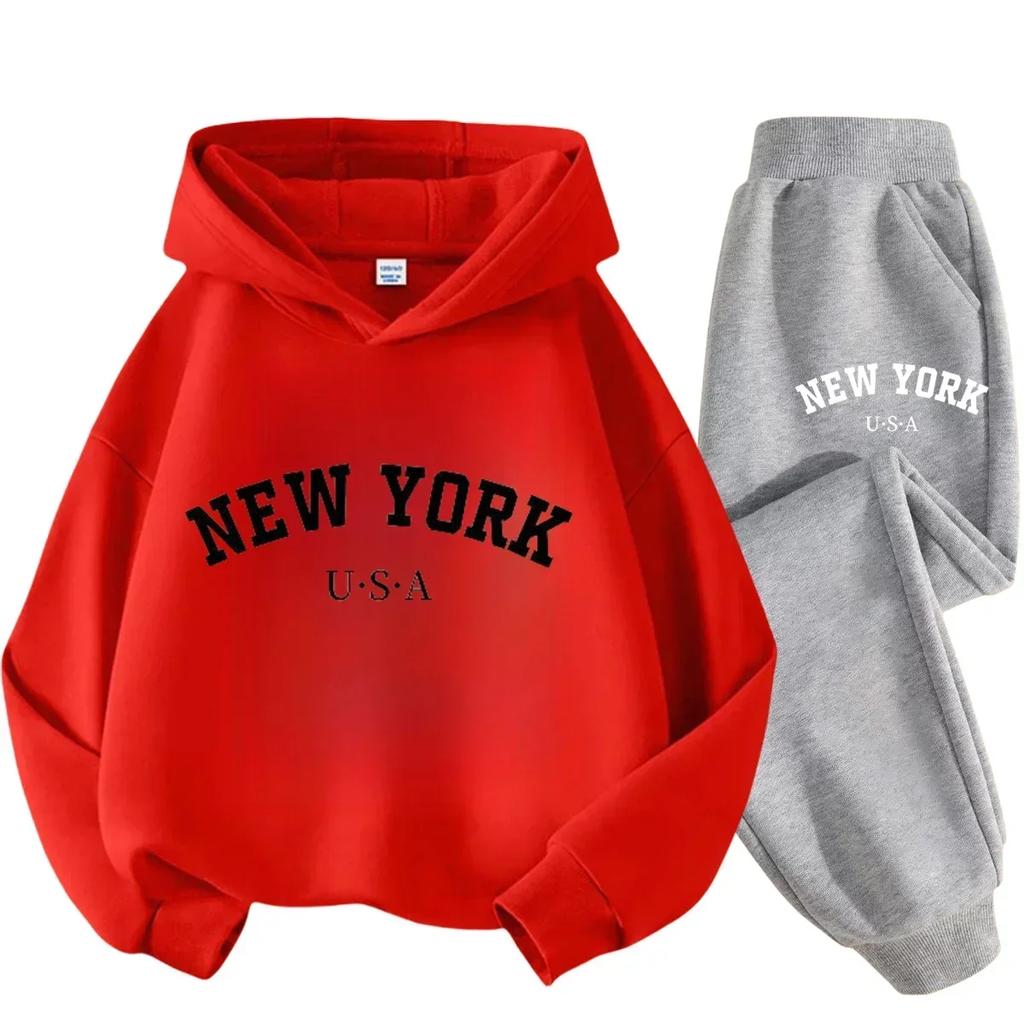 New York American Letter Print Children Hooded Sweatshirt Pants Two-piece Set Boy Girl Autumn Winter Daily Loose Warm