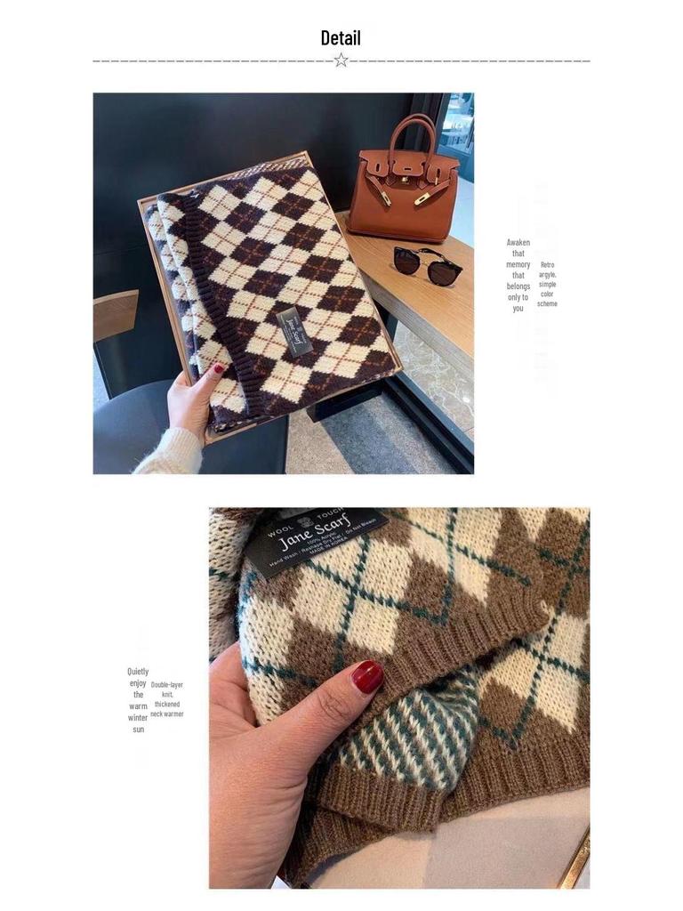 Korean Style Red Plaid Cashmere-Feel Knitted Snood for Women