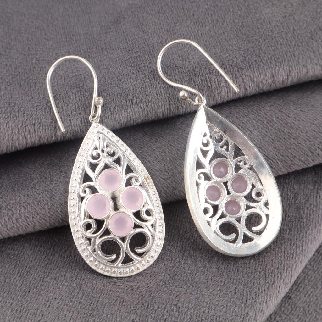 Rose Chalcedony Gemstone 925 Stamped Silver Handcrafted Jewelry Earrings 2.25" CE-17-16