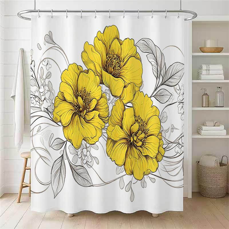 1pc yellow flowers shower curtain with metal grommets, polyester bath curtain widow curtain bathroom decor & accessories