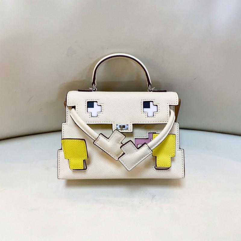 2026 Color Block Leather Tote Crossbody Bag Mini Square Cartoon Smile Handbag Women