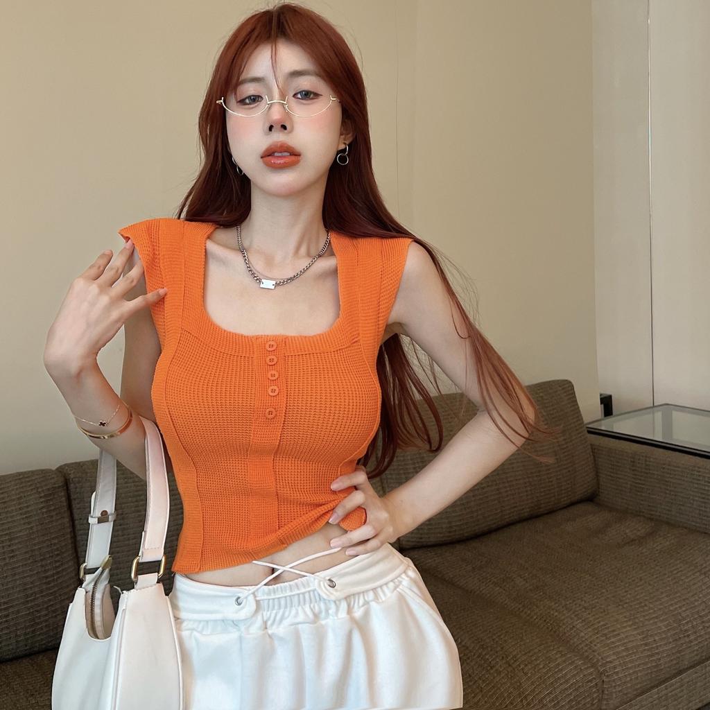 Square Neckline Small Flying Sleeves with Knitted Suspender Vest Summer Slim Fit and Slim Sweet and Spicy Sleeveless Bottoming Shirt Top for Women