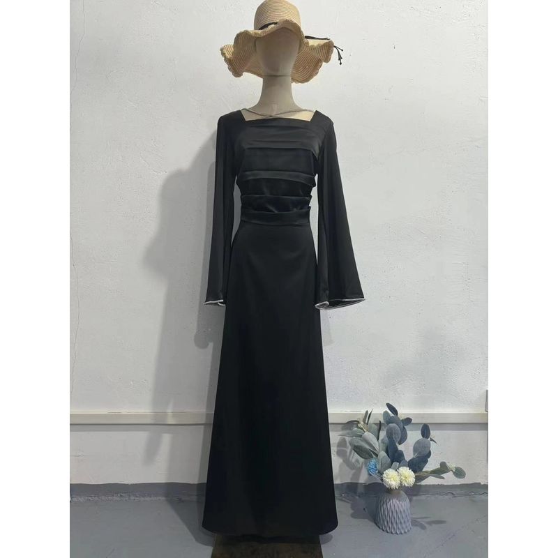 

Fashion Wind New Arrival Silm Diamond Tied Long Sleeves Satin Silm Dress Lace up Satin Dress Black 2XL