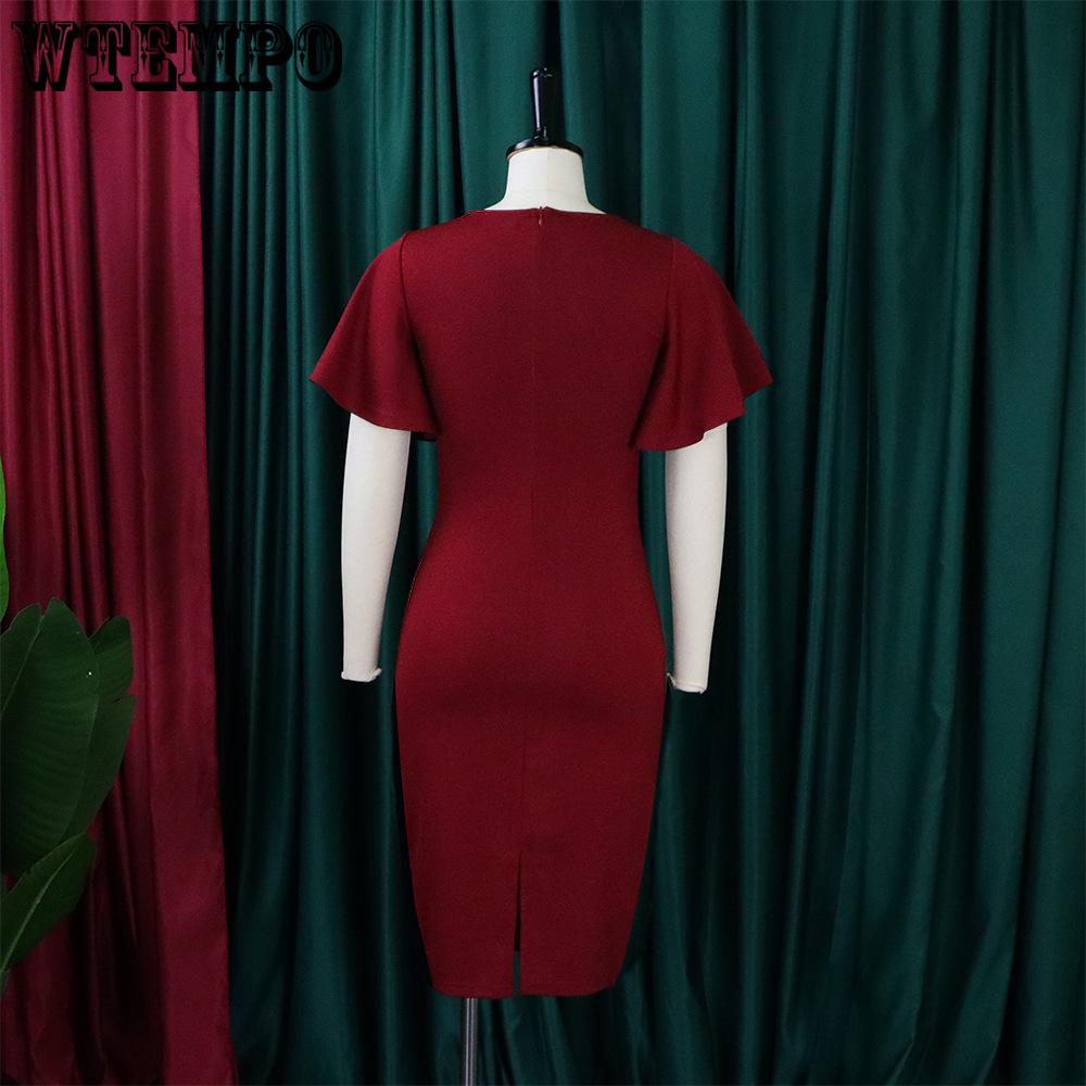 Spring and Summer Large Size Solid Color High Waist Temperament Commuter Ruffle Sleeve Package Hip Long Dresses