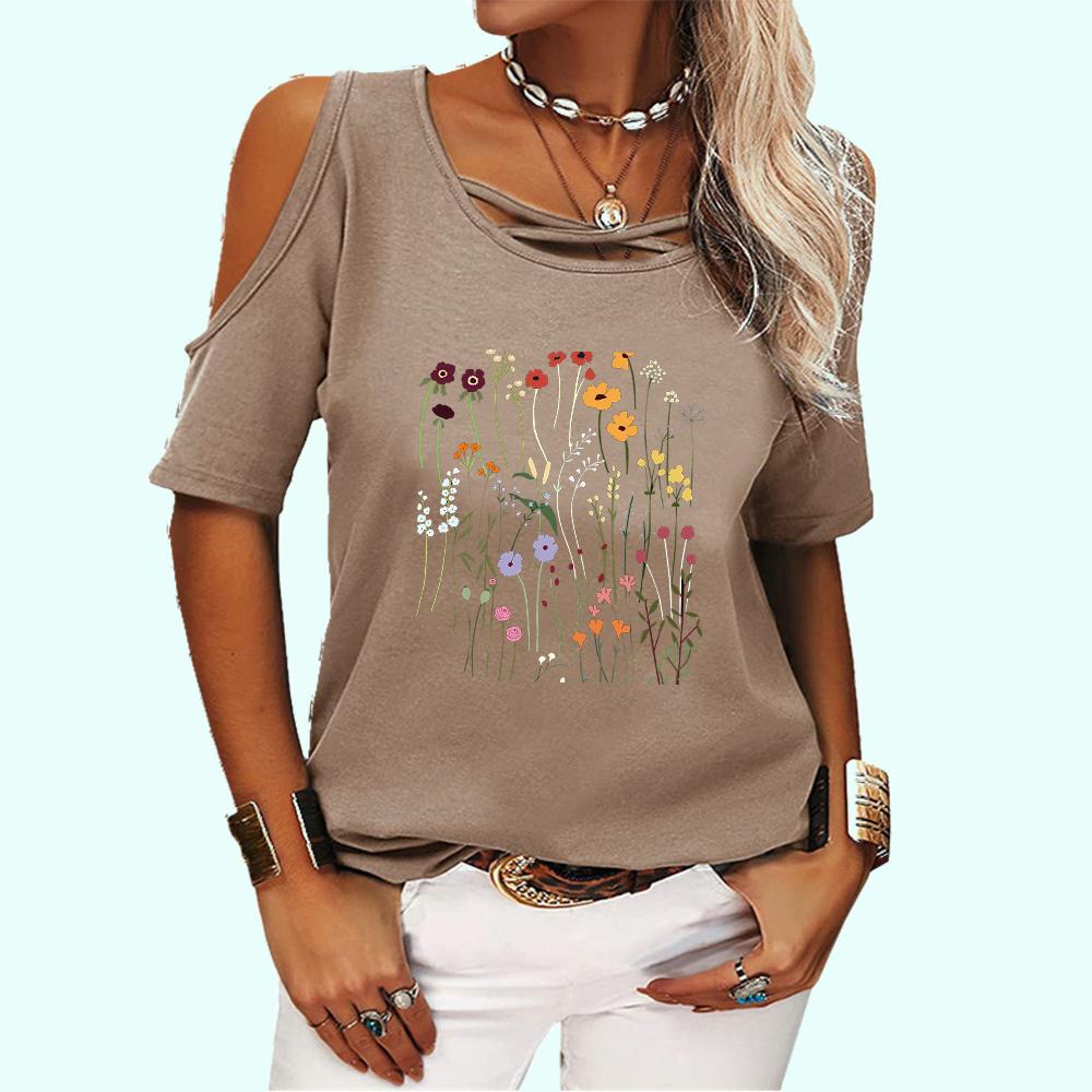 Women Fashion Off Shoulder Top Casual O Neck Summer Tee Shirt Floral Print Short Sleeve T-shirt