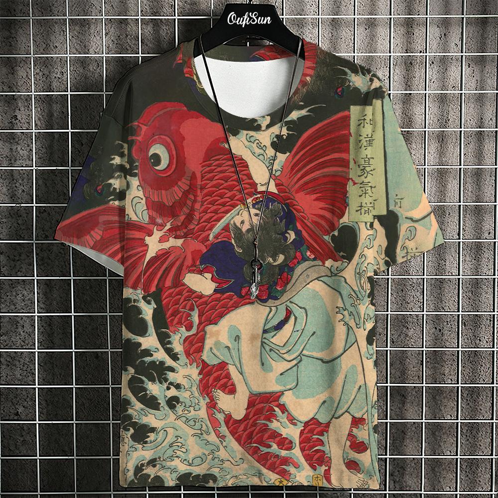 Ukiyo-E T-Shirt für Herren Japanische T-Shirts 3D Tier Fisch Druck Kurzarm Tees Tops Lässiges Sweatshirt Herrenbekleidung S-4XL