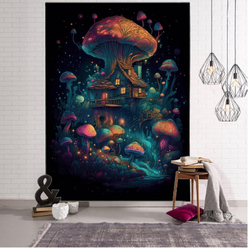Fairy Tale Mushroom Forest Tapestry Wall Hanging Aesthetic Decoration Blanket Bed Sheet Living Room Bedroom Background Poster