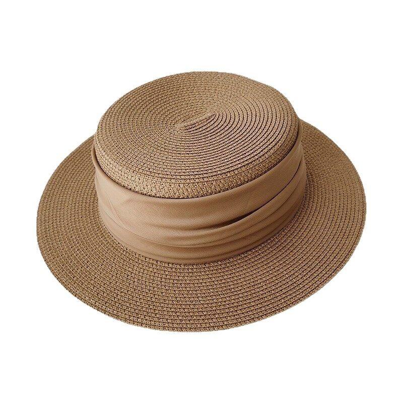 Retro Flat Top Straw Hat For Women With Wide Brim And Sun Protection For Vacation