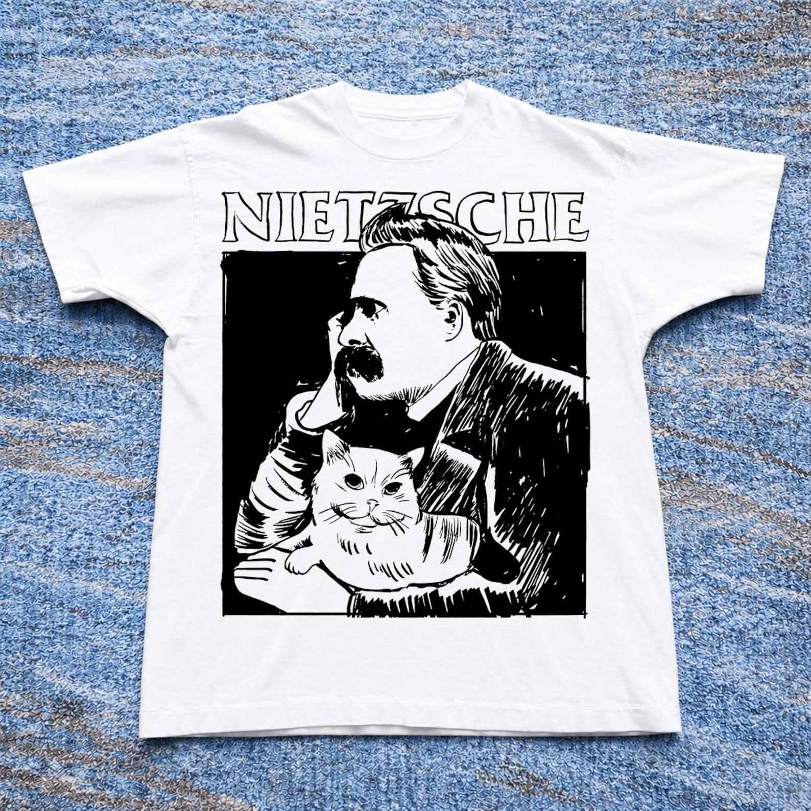 Nietzsche Portrait Cat T-Shirt | Philosopher Graphic Tee XL