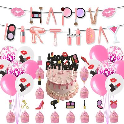 Girls Cosmetics Theme Birthday Party Scene Decoration, Flag Cake Plug-In Balloon Set Customization