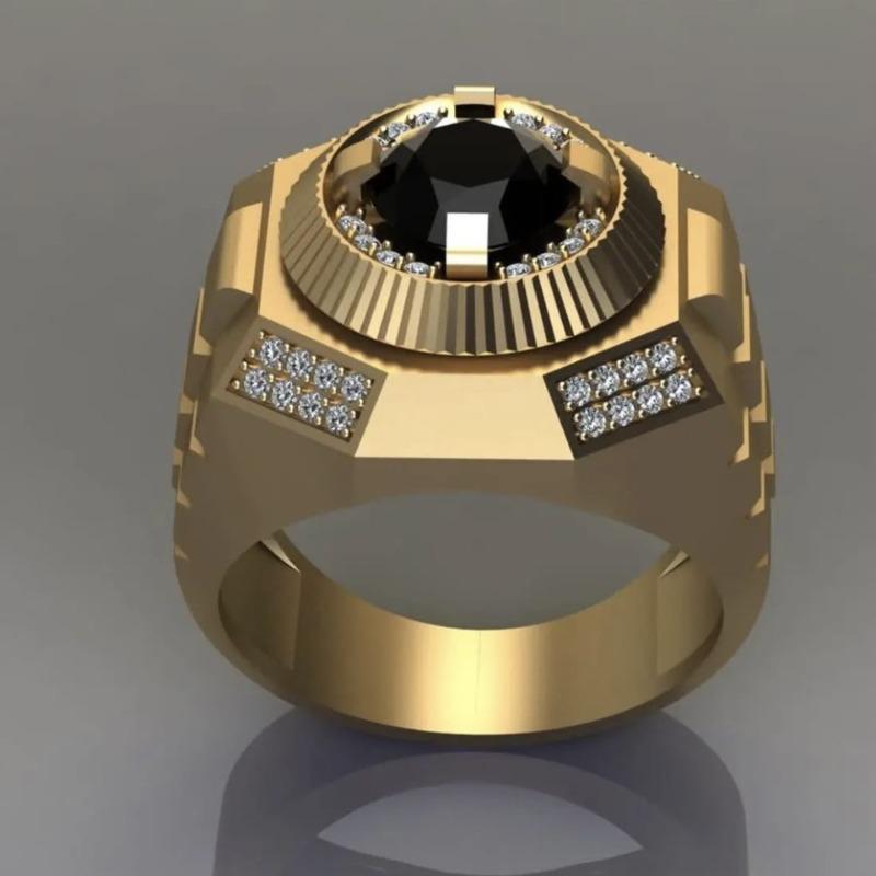 Mode Männer Gold Farbe Runde Männer Ringe Luxus Schwarz Steine Hochzeit Party Braut Ring Schmuck