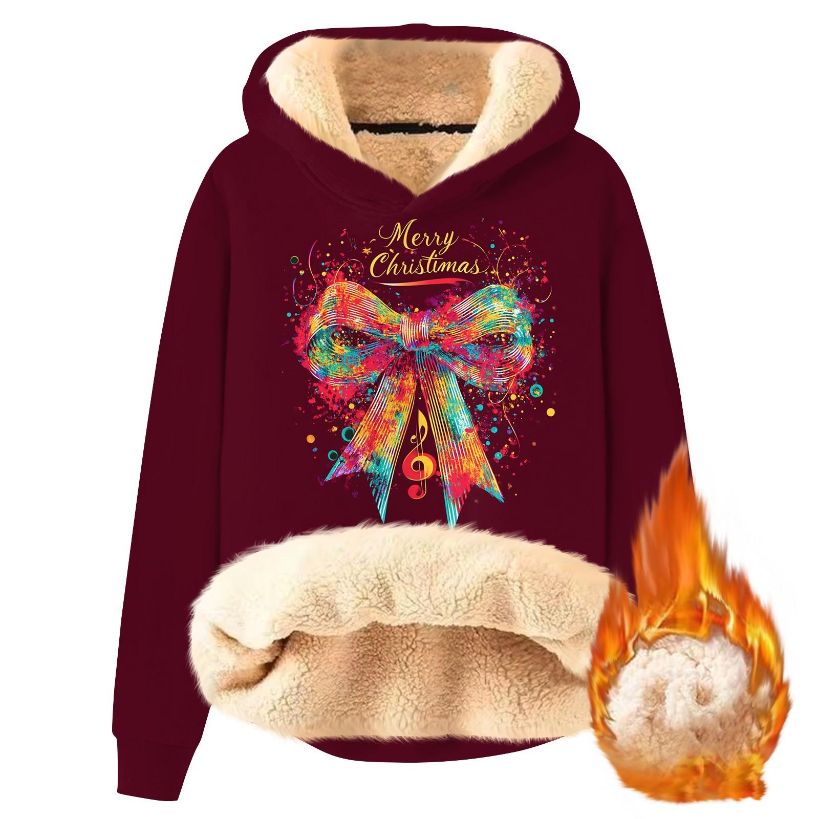 

Женская модная утепленная толстовка с капюшоном и рождественским принтом XXL винный