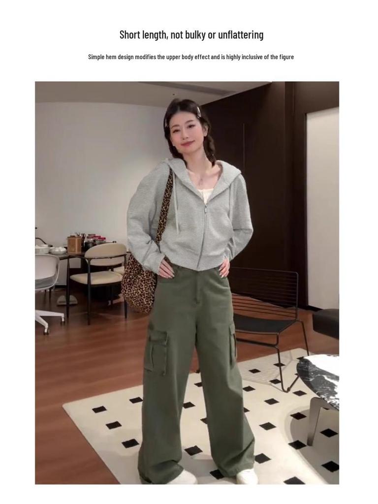 Gray Slim Fit Petite Korean Style Zip-Up Hooded Cardigan for Women, Ideal for Early Autumn/Spring Upper Outerwear