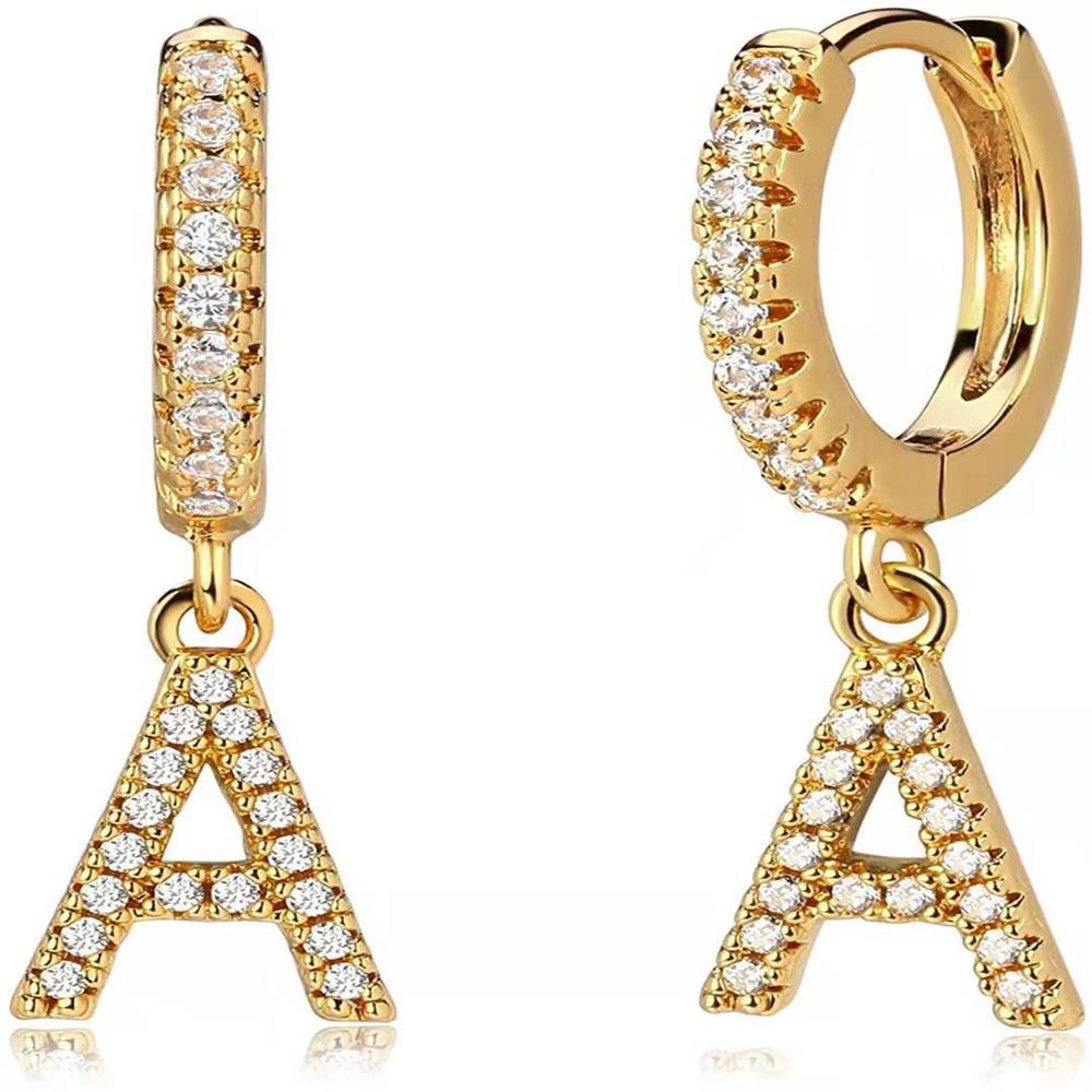 Luxury 26-Letter Pendant Earrings: Micro-set Zirconia Studs, Copper Plated with 18K Gold, European & American Style