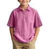 Boys Short Sleeve Shirt Cotton Linen Blend Lightweight Breathable Summer Casual Top with Button Placket and Classic Collar for Kids