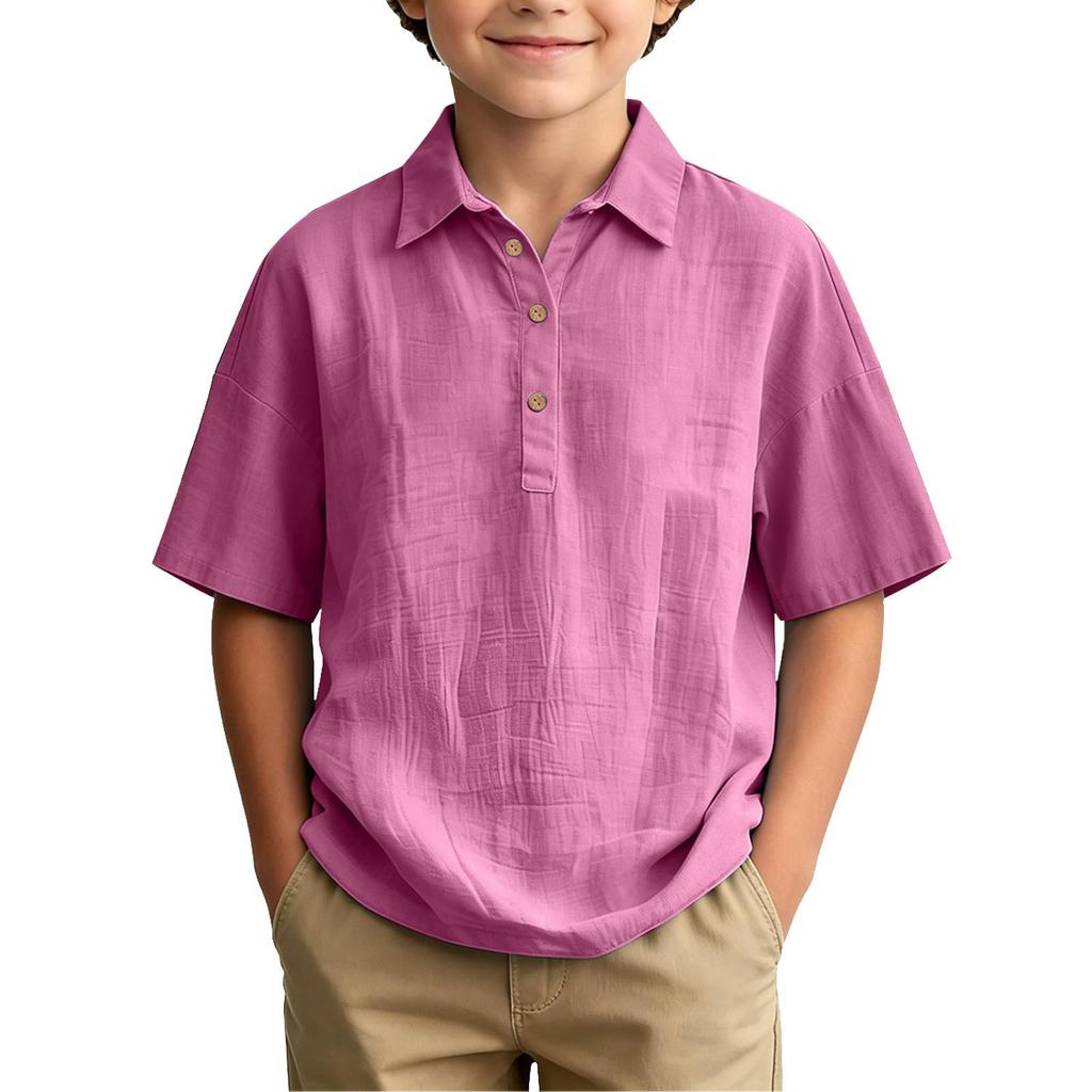 Boys Short Sleeve Shirt Cotton Linen Blend Lightweight Breathable Summer Casual Top with Button Placket and Classic Collar for Kids