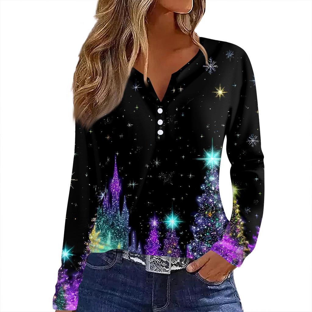 Damen T-Shirt mit Weihnachtsdruck, Knopfleiste, lange Ärmel, für den Alltag, Wochenende, modisch, Basic, V-Ausschnitt, normales Oberteil