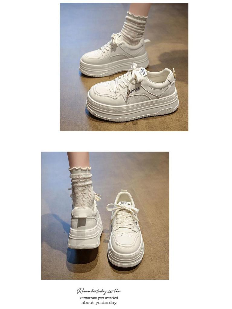 Dámské bílé tenisky se silnou podrážkou zvyšující výšku - korejský styl, lehké, pohodlné, prodyšné, všestranné ležérní boty na podzim.