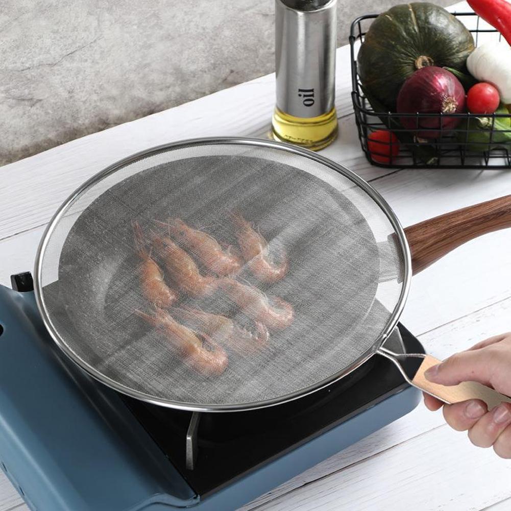 Stainless Steel Colander with Wooden Long Handle Hanging Ear Frying Oil Cooking Cover Fine Mesh Sieve Sifter Kitchen Tools