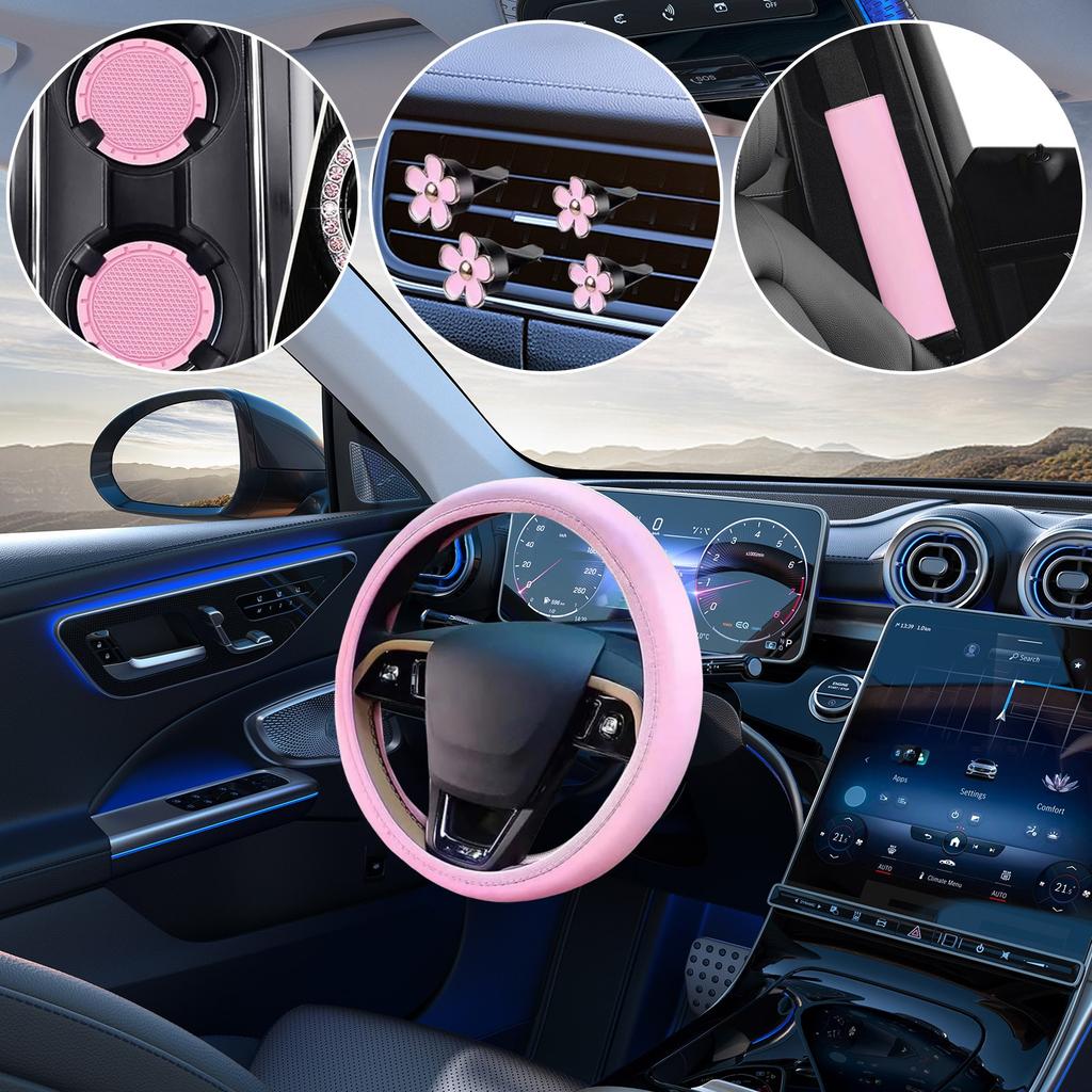 10pcs Women's Leather Steering Wheel Cover, Car Accessories Set With Seat Belt Shoulder Pads,  Start Button Ring Sticker, Vent Clip, Car Accessories