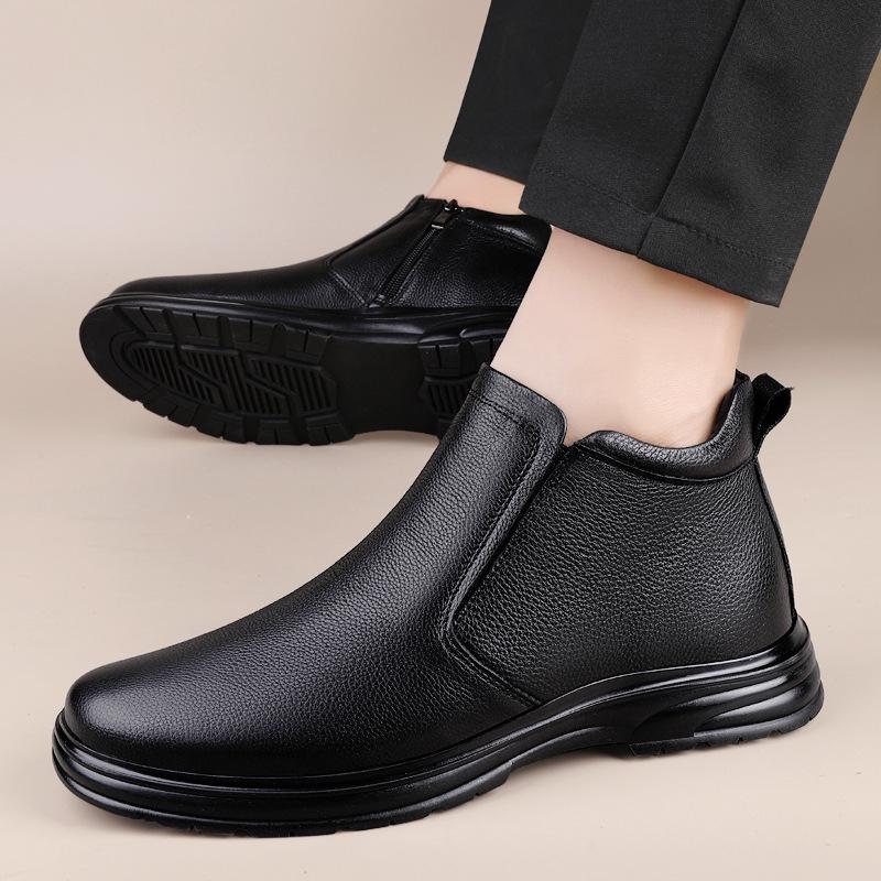 Men's High-Top Genuine Leather Slip-On Ankle Boots - Autumn/Winter Warm Velvet Cotton Casual Footwear