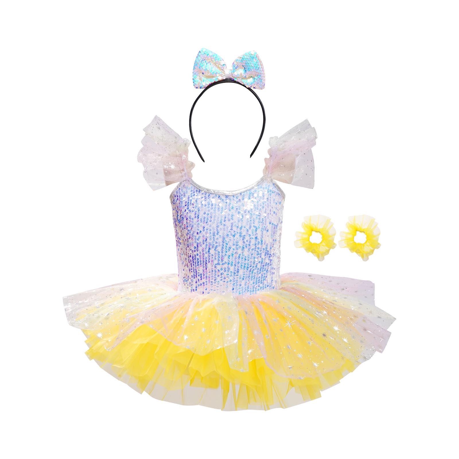 

Сукня-пачка з блискучими паєтками для дівчинки, костюм для дня народження, з пов язкою на голову з бантом, тюлевими нарукавниками, танцювальний набір 5-6 Years