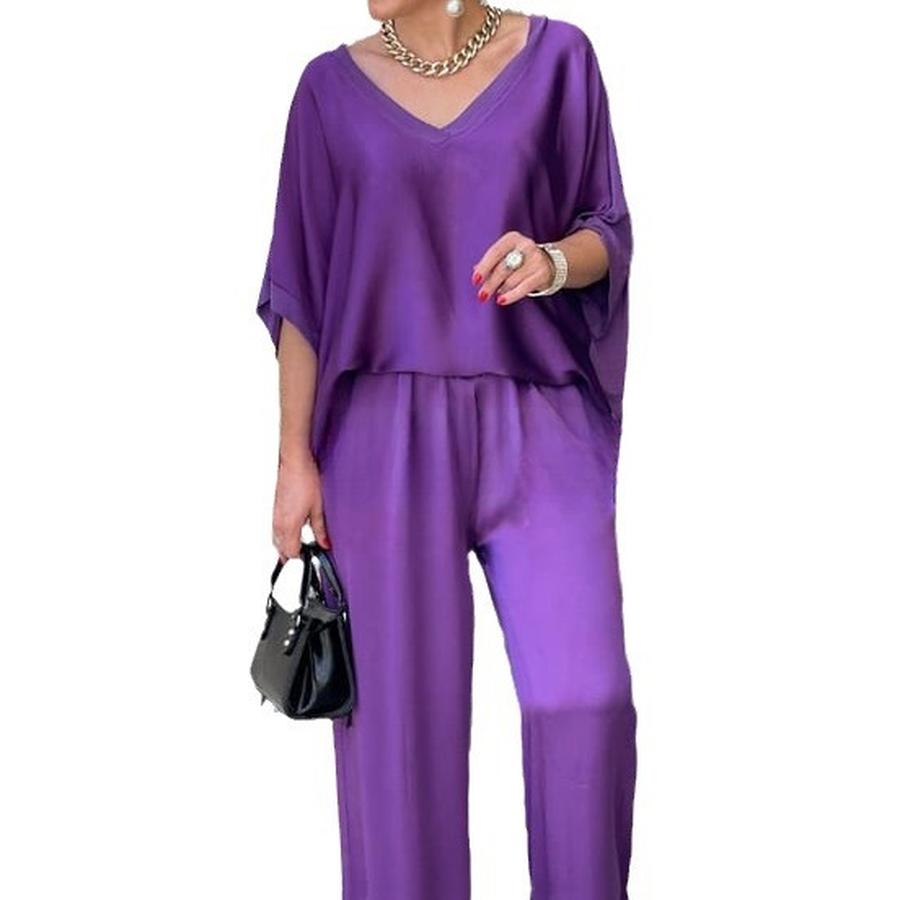 Women's Two Piece Set Pants Spring/Autumn Satin Loose V-Neck Casual Top Wide Leg Pants Fashion Set