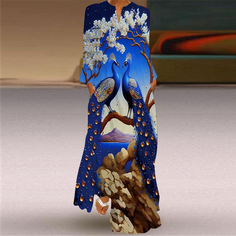 New Chinese Style Chinese Style Skirt Elegant Sexy Long Sleeves 3D Print Long Skirt Loose Plus Size Women's Clothing Long Dress