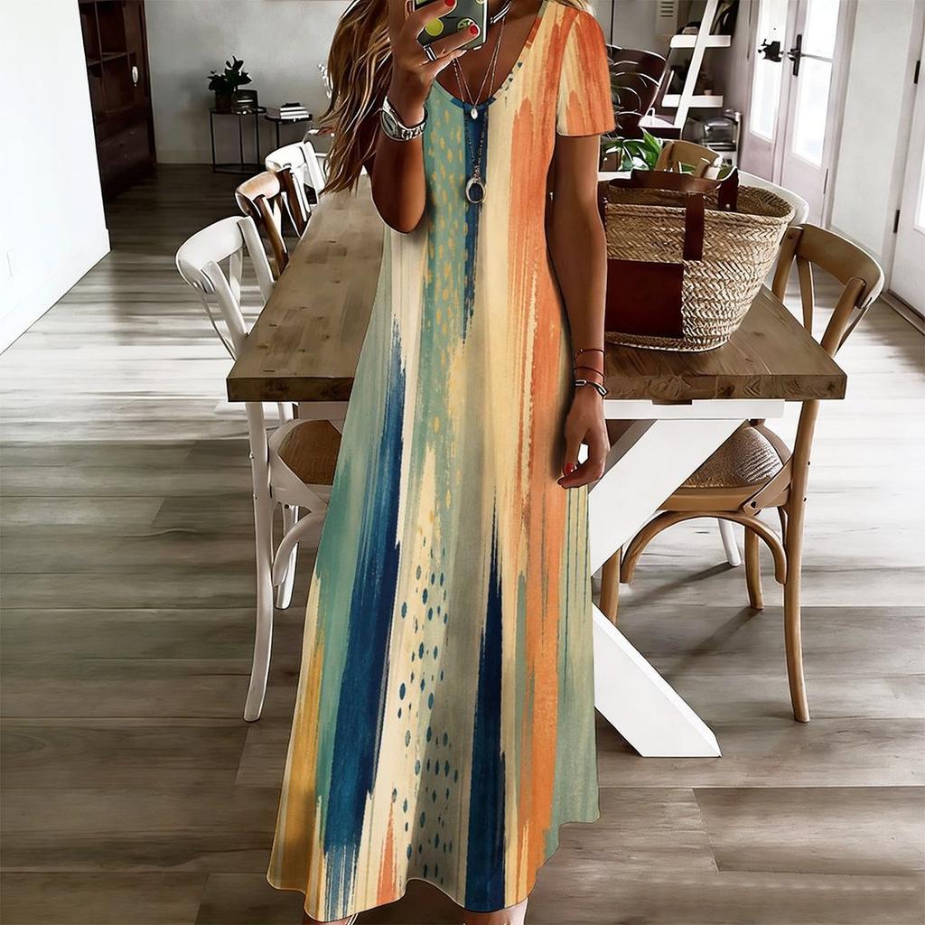 Women Plus Size V Neck Short Sleeve Printed Casual Straight Long Dress