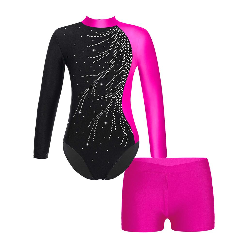 Kids Girls Gymnastics Skating Long Sleeve Leotard Jumpsuit with Shorts Dancewear