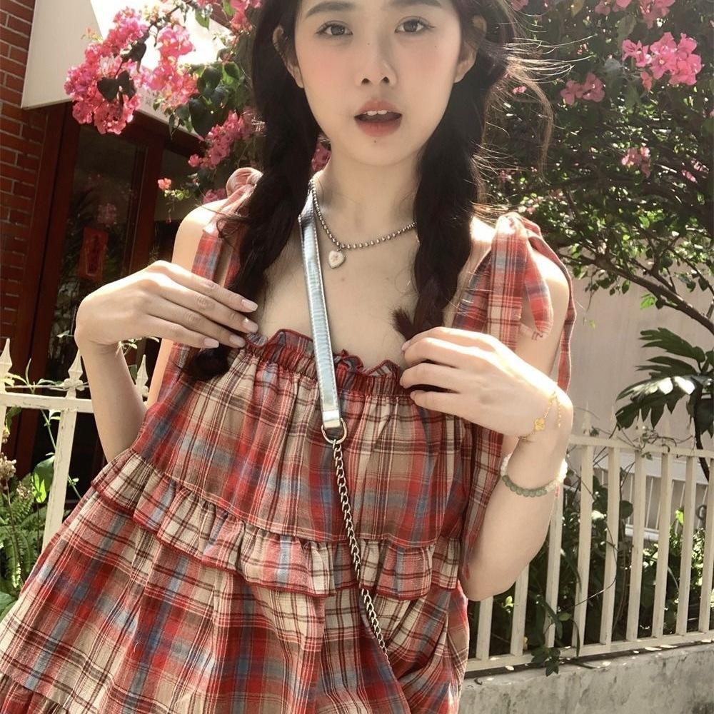 French design sense red plaid suspender vest women's summer new loose and thin age-reducing sleeveless short top