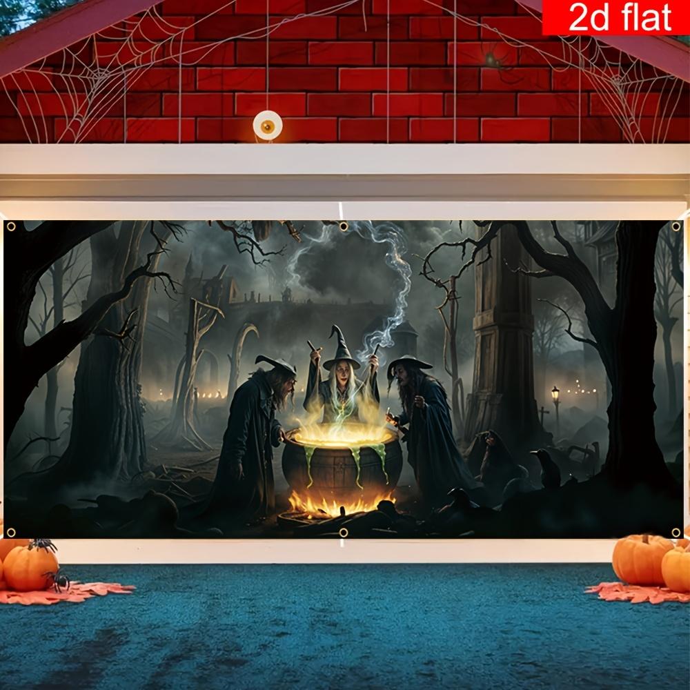 Horror Halloween Garage Door Banner, Large Polyester Hanging Outdoor Decoration, Ghost Forest Witch Stove Pattern
