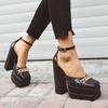 Plus Size Plaid Patent Leather Side Cut-Out Women's Sandals Metal Chain Decoration Ultra-High Double-Deck Platform Fashion Shoes