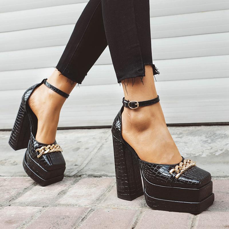 Plus Size Plaid Patent Leather Side Cut-Out Women's Sandals Metal Chain Decoration Ultra-High Double-Deck Platform Fashion Shoes