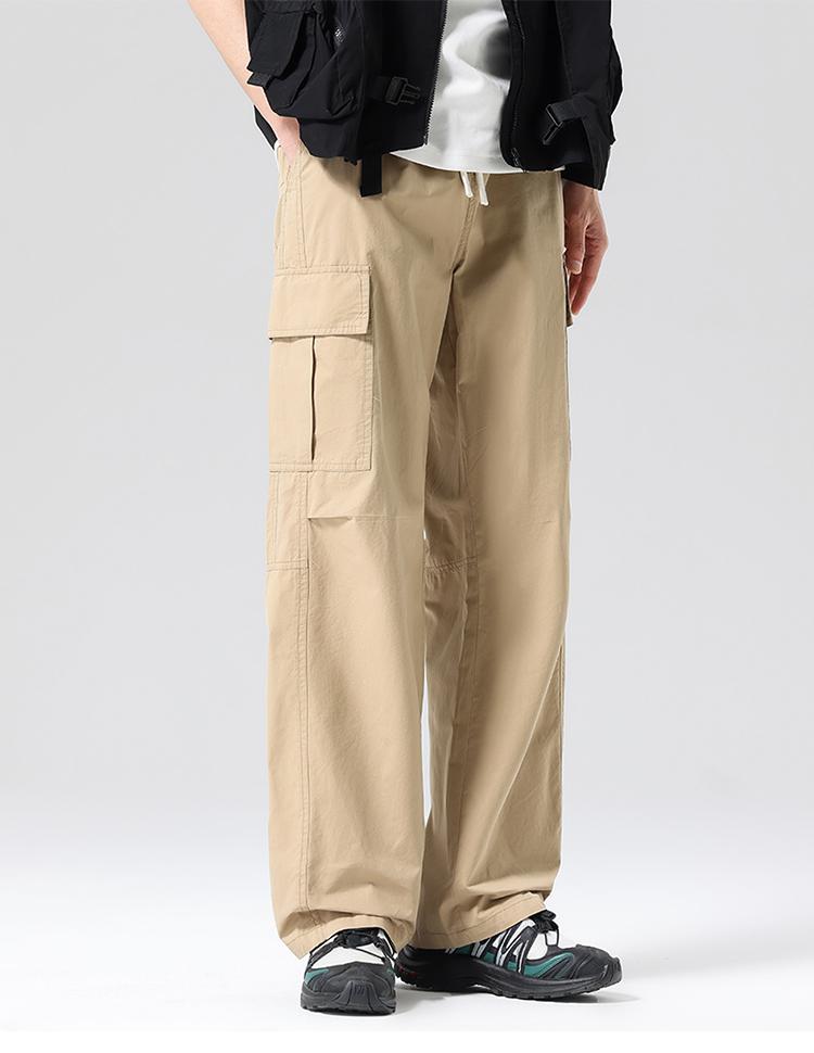 100% cotton workwear outdoor multi bag elastic waist drawstring pure cotton straight leg pants men's casual pants