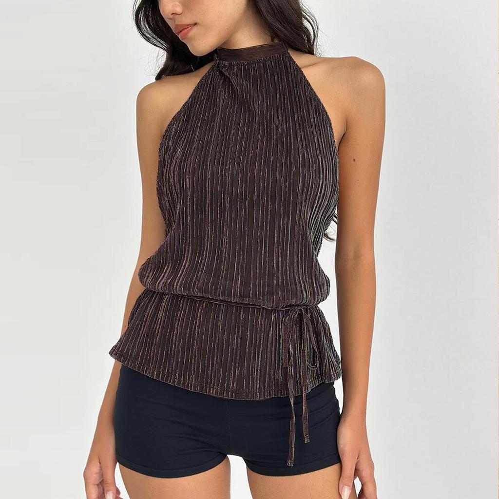 Sexy striped new sleeveless hollow straps backless and thin European and American irregular neck, top