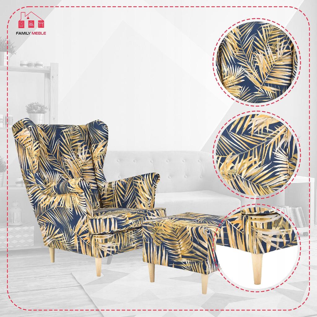 Křeslo ušák ARI PRINT s podnožkou, skandinávský Family Meble BOHO