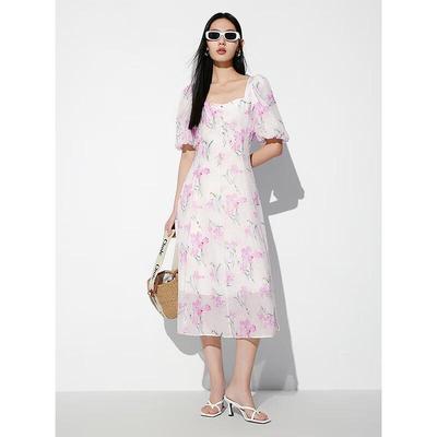 Rochie lungă pătrată cu imprimeu floral franțuzesc pentru femei Peacebird