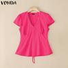 VONDA Women Casual V Neck Short Sleeve Ruffled Soild Color Blouse