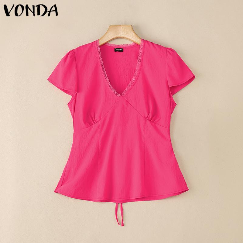 VONDA Women Casual V Neck Short Sleeve Ruffled Soild Color Blouse