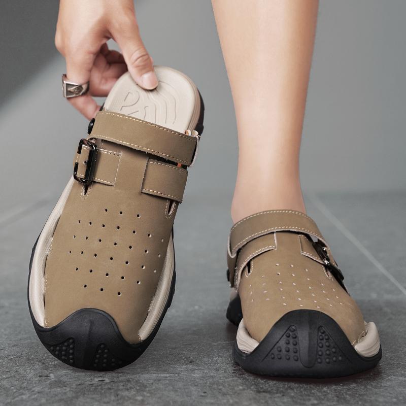 Fashion Men Punching Leather Sandals Summer Classic Dual-purpose Slippers Soft Fashion Casual Comfortable Outdoor Beach Walking Sandals