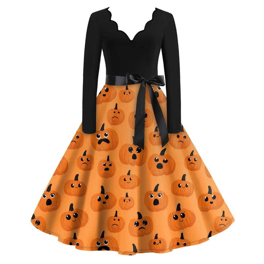 Women's Casual Fashion Long Sleeve Halloween Graphic Printed Vintage Long Dresses