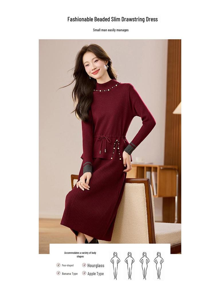 2026 Beaded Knit Sweater Dress - Women's Mid-Length Autumn Winter Solid Color Vest Dress