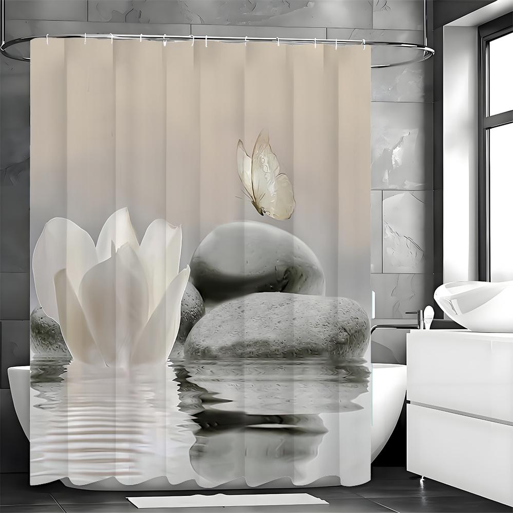 Zen Stone Butterfly White Flower Shower Curtain, Bathroom Decorative Shower Curtain, Waterproof Shower Curtain with Hooks