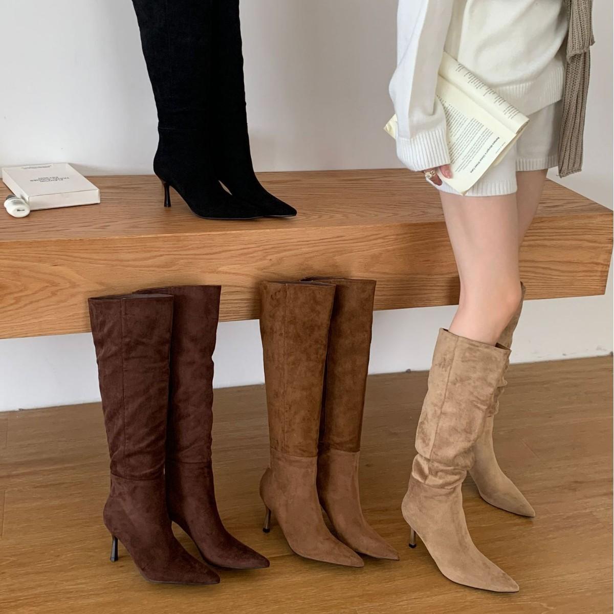 

2025 winter new high-heeled suede but knee stacking boots knight women s boots 39 кофейный