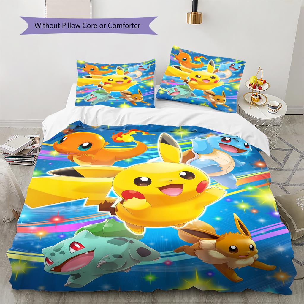 Pościel z Wzorem Pokémonów Dekoracja Domu Prezent Urodzinowy (1 * poszwa na kołdrę + 2 * poszewki na poduszki, bez rdzenia)