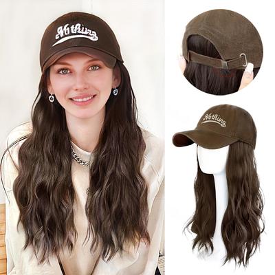 Synthetic Long Wavy Hair Baseball Cap Hat Wig Extensions Adjustable Hat With Hair For Women Daily Wear